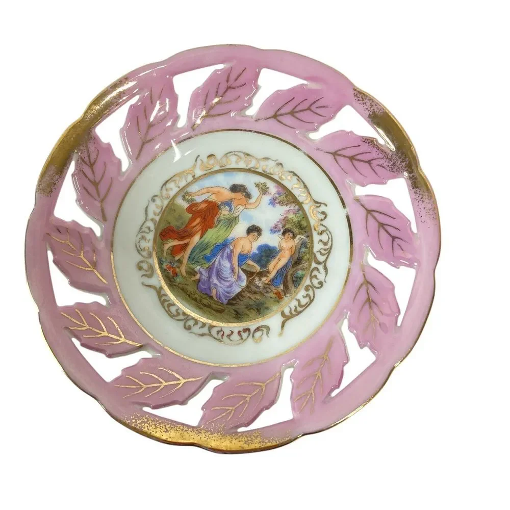 Vintage LM Royal Halsey Footed‎ Tea Cup & Cutout Saucer Victorian Ladies Cherub